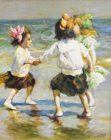 A decorative Impressionist style oil on board, Beach scene with three children dancing, 29 x 22cm. Condition - good